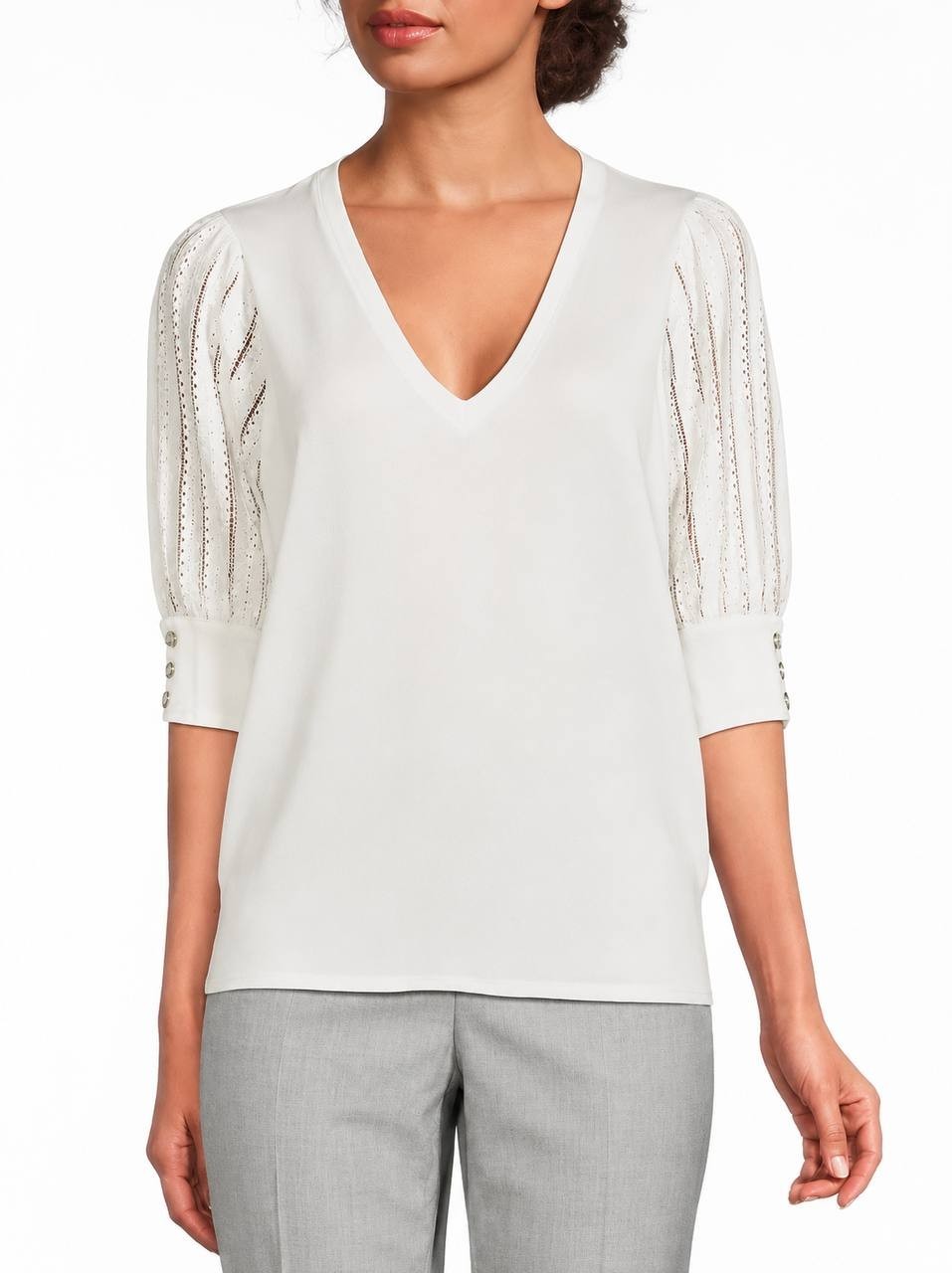 Karl Lagerfeld Paris Puffed‑Sleeve V‑Neck Sweater Soft White XL NWOT $79