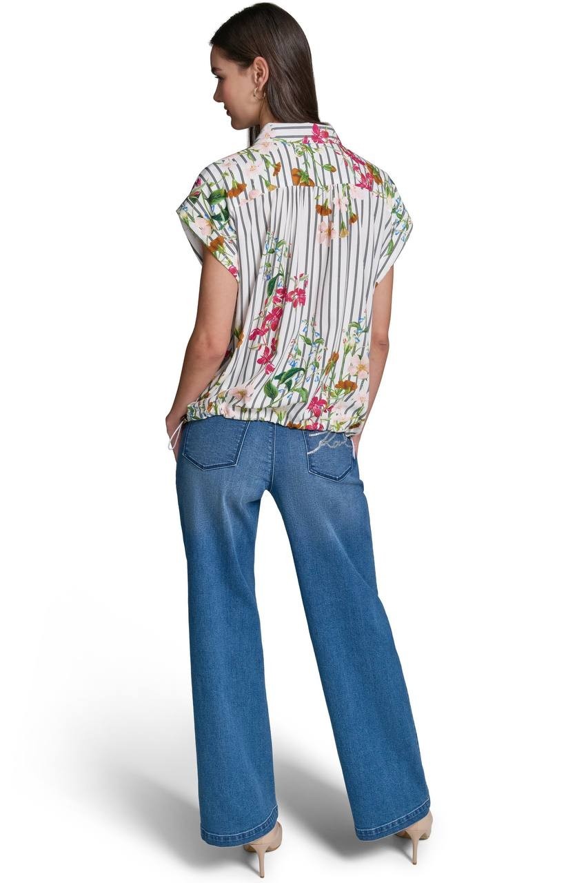 Karl Lagerfeld Paris Floral & Stripe Button‑Up Shirt Soft White Multi M NWT $99
