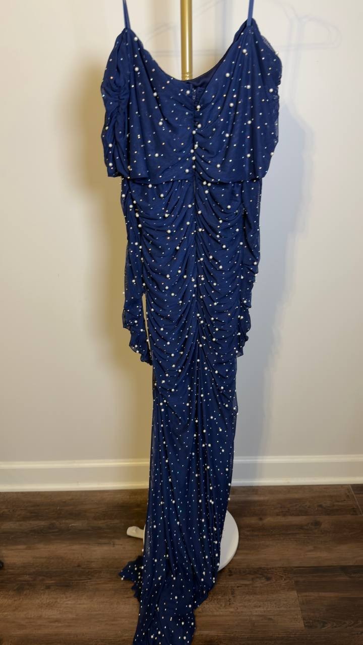 B Darlin Plus Off‑Shoulder Pearl Gown Navy 16W NWT $119