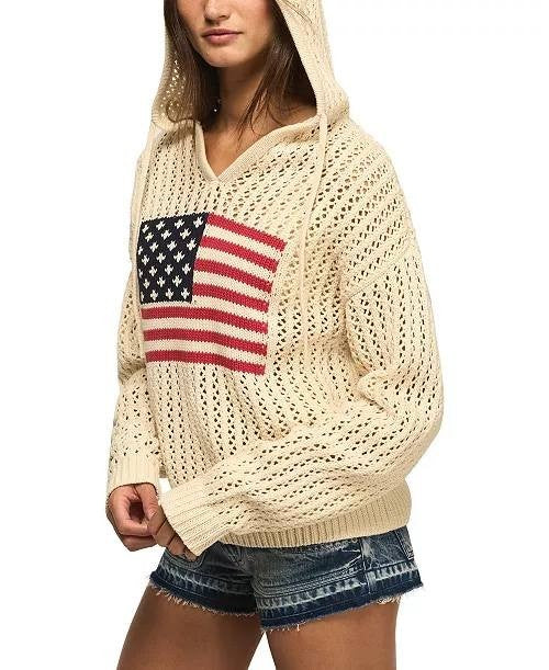 Lucky Brand Americana Flag Cotton Hooded Sweater Whitecap Gray M NWT $129