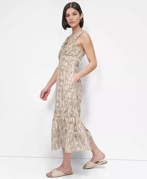 DKNY City Burnout Beaded‑Trim V‑Neck Dress Beige M NWT $139