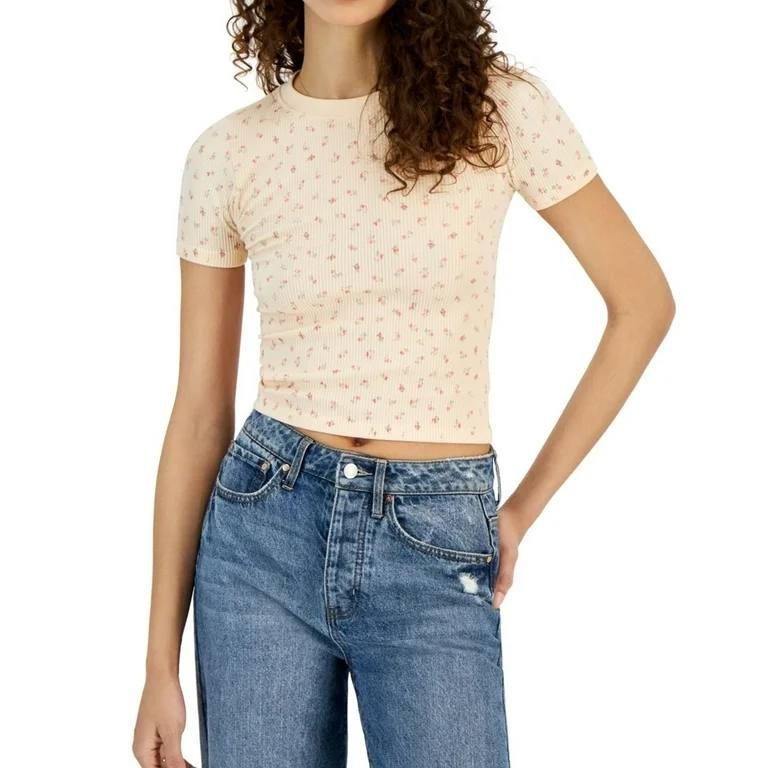 Hippie Rose Floral Ribbed T-Shirt Juniors S Beige Peach NWT Cotton Knit