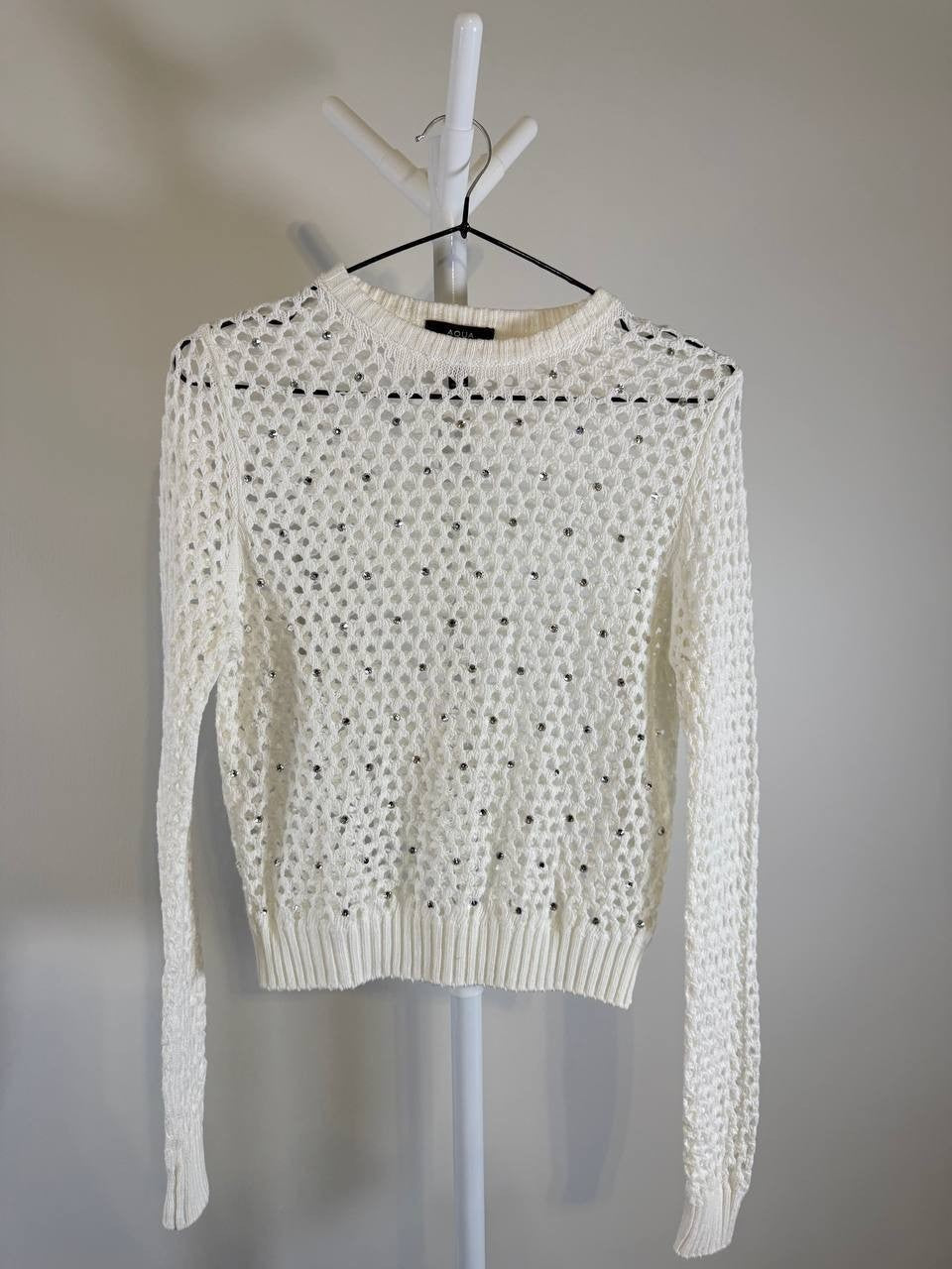 Aqua Embellished Crochet Sweater – White – XS – NWOT – Small Damage