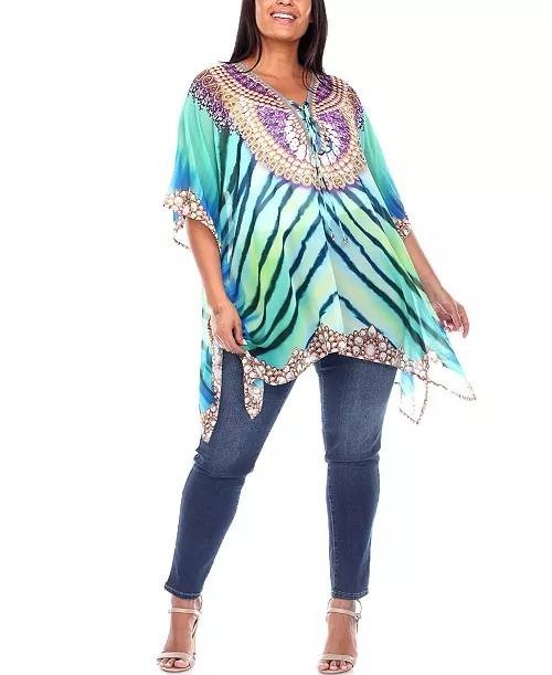 White Mark Plus Size Short Caftan Tie-Up Neckline Green Size L NWT $52
