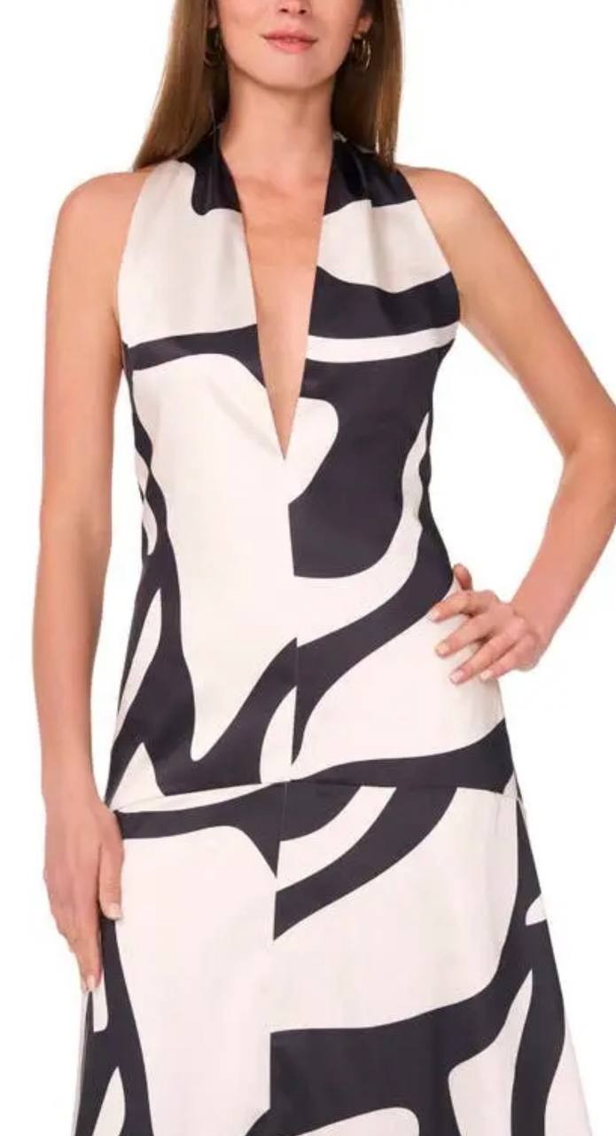 Parker Nia Abstract Print Plunge Halter Dress Open Back Multi Size14 NWT snags