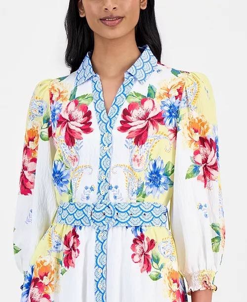 T Tahari Printed 3/4‑Sleeve Midi Shirt Dress 6 Porto Garden NWT $178