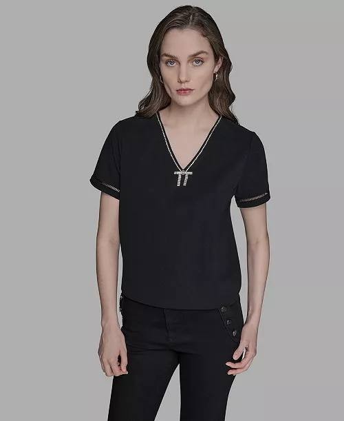 Karl Lagerfeld Paris Crystal Bow V‑Neck Knit Top Black S NWT $89
