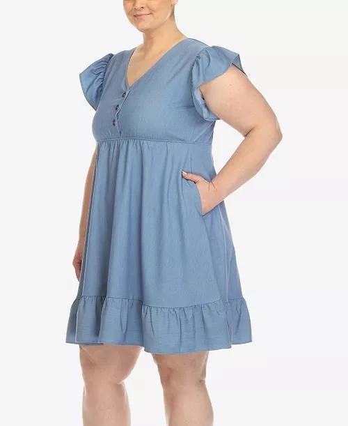 White Mark Womens' Blue Ruffle Sleeve Knee-Length Dress Plus Size 3XL
