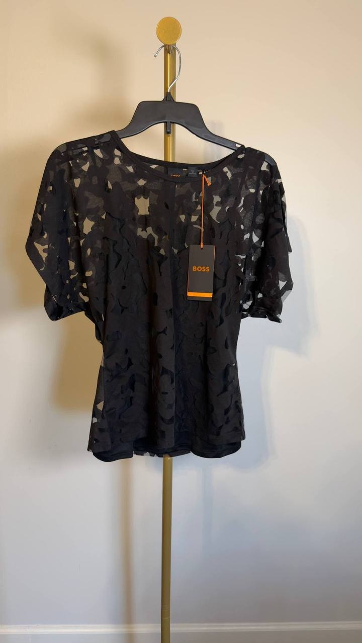 BOSS Orange Floral Lace Flutter Sleeve Top Black M NWT $99