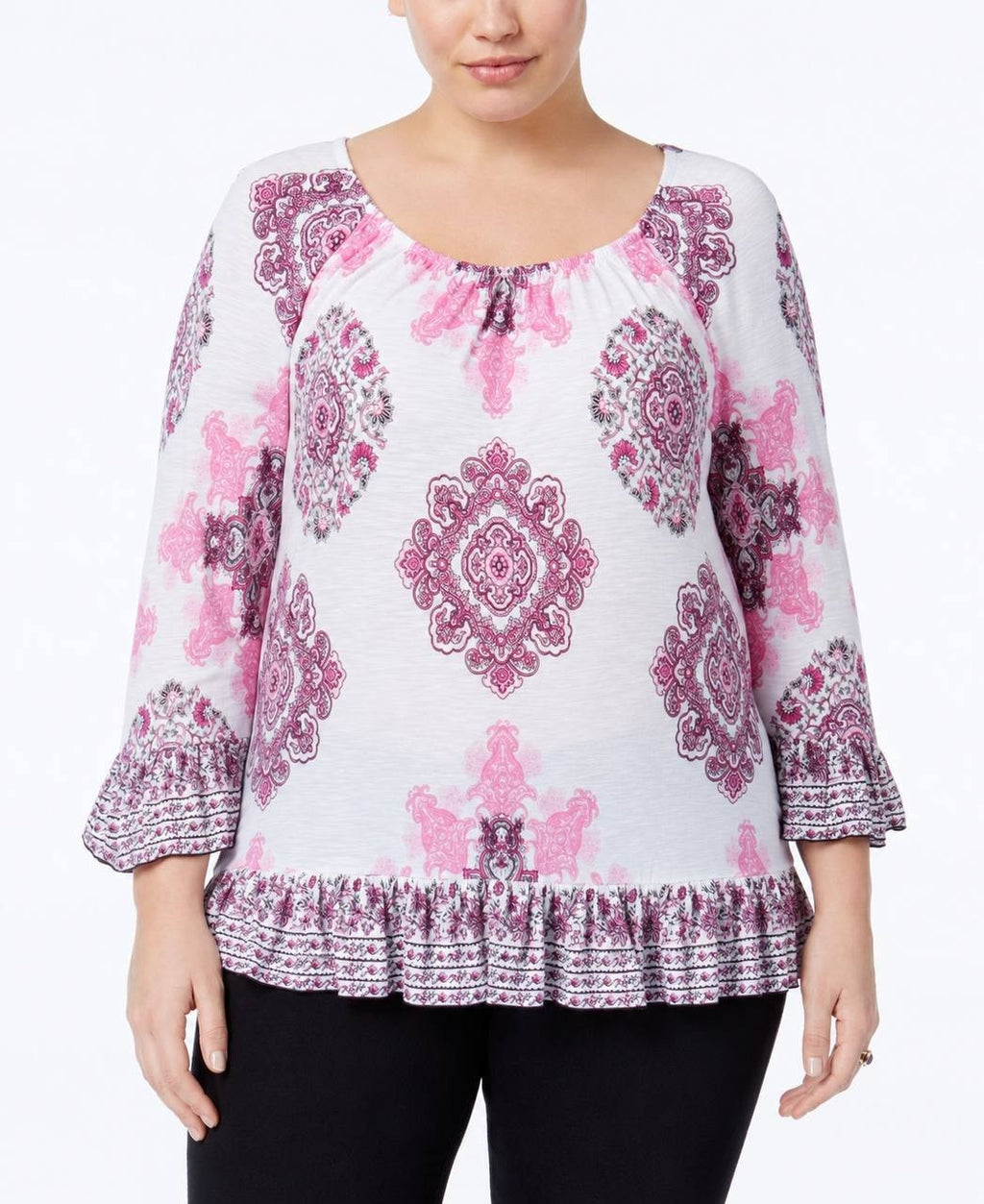 INC International Concepts Printed Flounce Peasant Top Pink Multi 2X NWOT $64.50