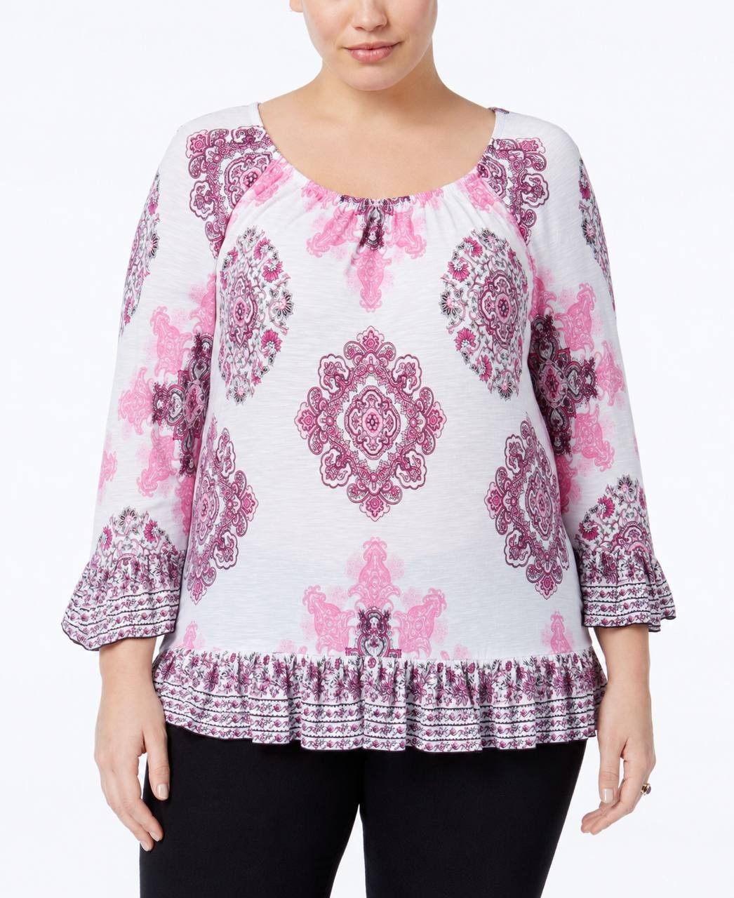 INC International Concepts Printed Flounce Peasant Top Pink Multi 2X NWOT $64.50