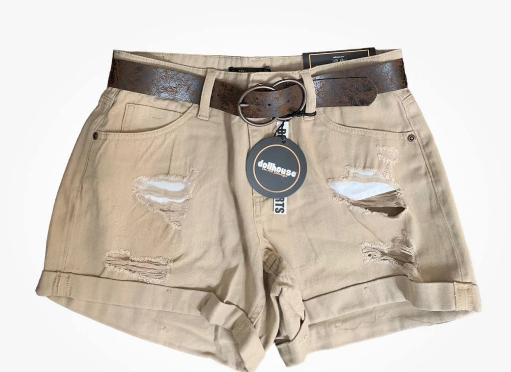 Dollhouse Khaki Denim Shorts Distressed, Belted, Mid Rise, Size 25 (5/6)