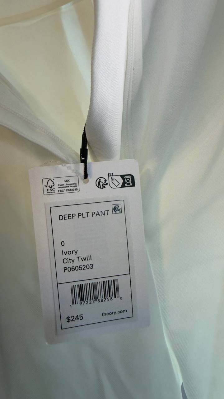 Theory Deep Pleat City Twill Wide‑Leg Pant 0 Ivory NWT $245