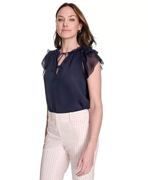 Tommy Hilfiger Split‑Neck Flutter‑Sleeve Chiffon Blouse Navy S $79 NWT