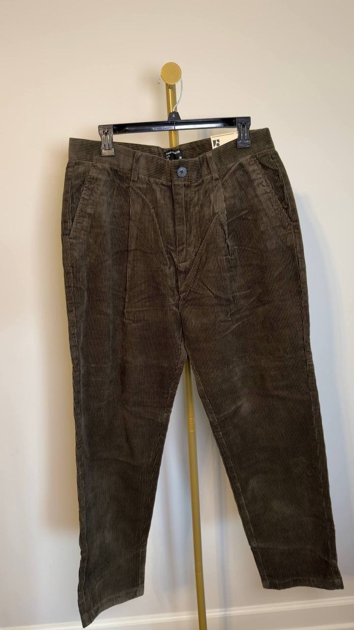 Frank And Oak Jamie Tapered‑Fit Pleated Corduroy Pants Dark Green 33 NWT $129