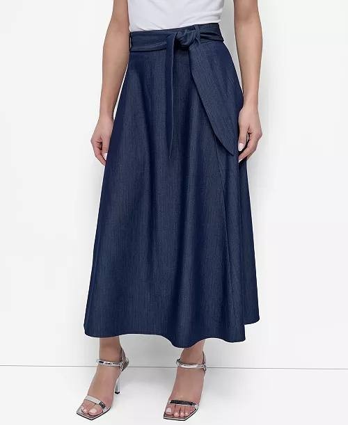 DKNY Maxi Skirt 14 Navy A-Line Tie Belt Waist Flowy Silhouette NWT $108