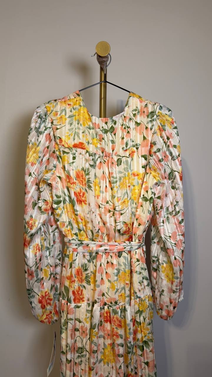 Signature by Robbie Bee Pleated Tiered Midi Dress Yellow Coral 8 NWT $79