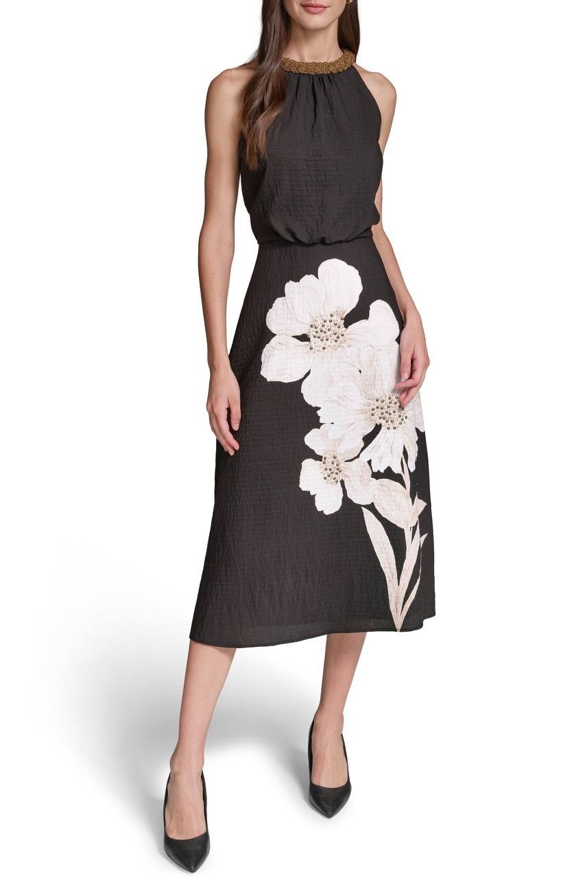 Karl Lagerfeld Floral Bead Collar Sleeveless Midi Dress Black Multi 8 NWT $189