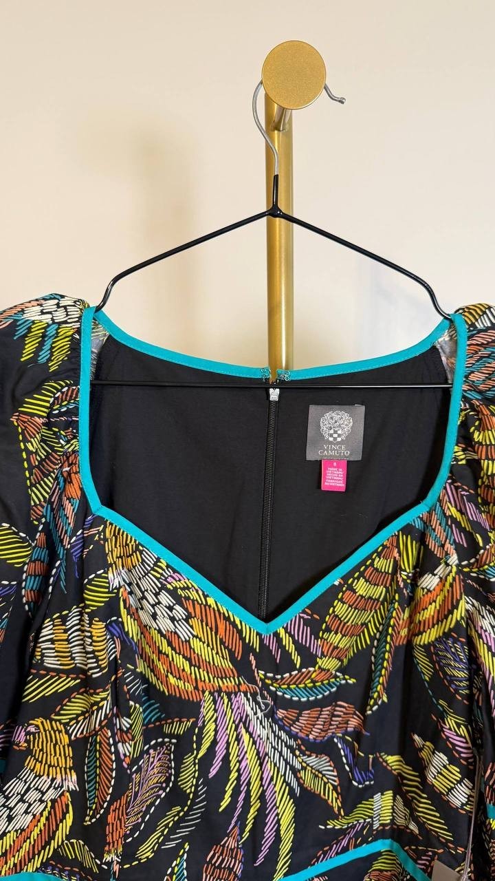 Vince Camuto Women’s Print Puff Sleeve V‑Neck Dress Multicolor Size 8 NWT $138