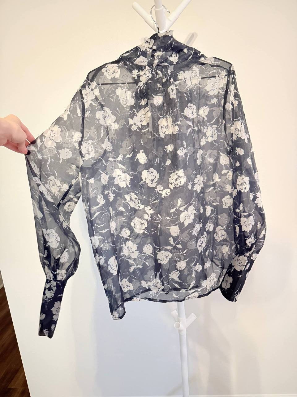 Gratia Sheer Floral Bow-Tie Blouse – Size S – NWT