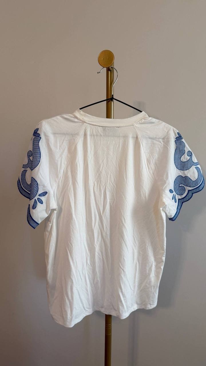 Tahari Women’s Printed Short‑Sleeve Top White Star Polaris Blue M $68 NWT