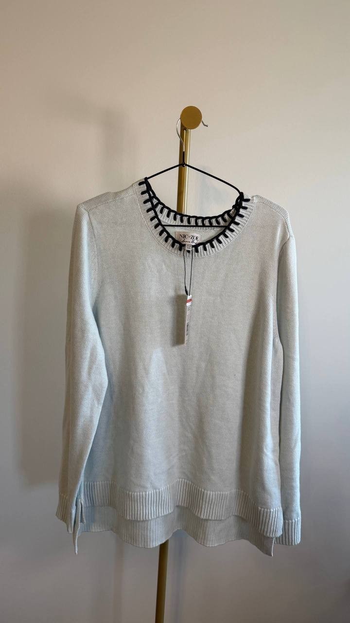 NIC+ZOE Women’s Blanket Stitch Cotton‑Blend Sweater Blue Glow XXL $158 NWT