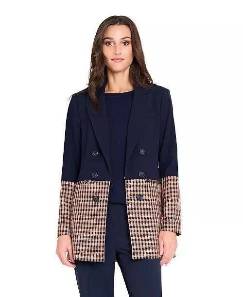 Tahari ASL Women’s Petite Houndstooth Color Block Jacket Navy 24W $159 NWOT