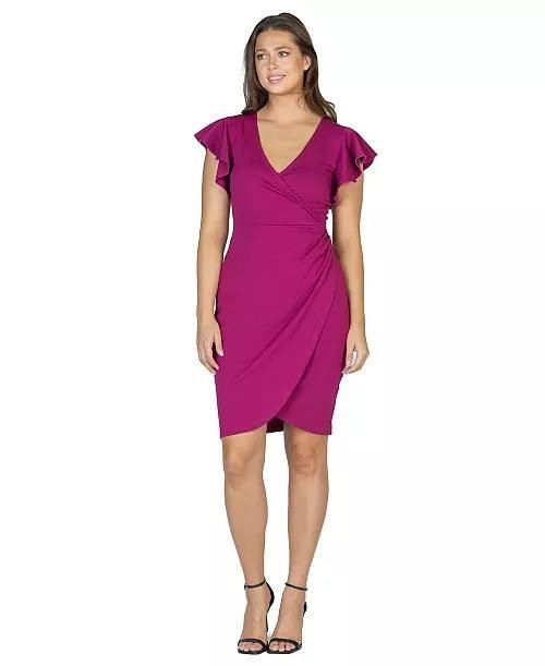 24seven Comfort Apparel Women’s V‑Neck Ruffle Sleeve Dress Magenta L NWT $97