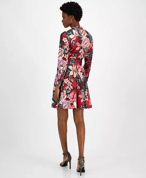 Tahari ASL Women's Red Floral Mock Neck Long Sleeve Belted Dress Size 12