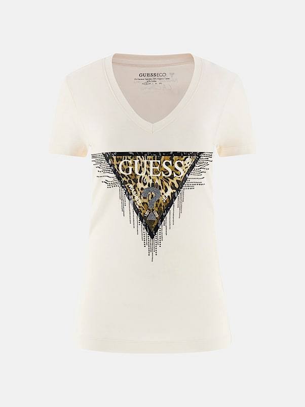 GUESS Animalier Triangle Logo T-Shirt White XS - New Without Tags Cotton