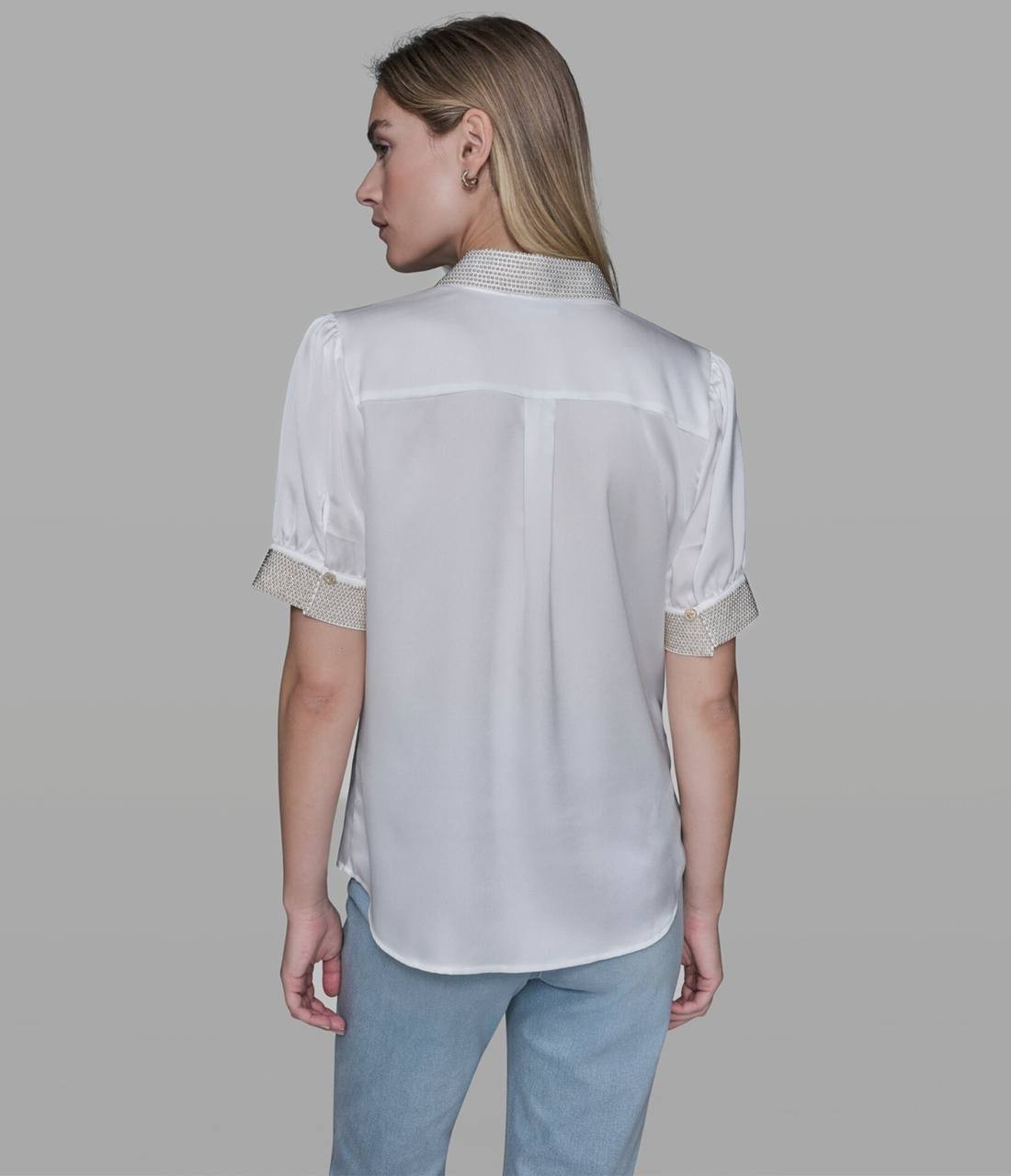 Karl Lagerfeld Paris Beaded Satin Stud Blouse Soft White M NWT $109