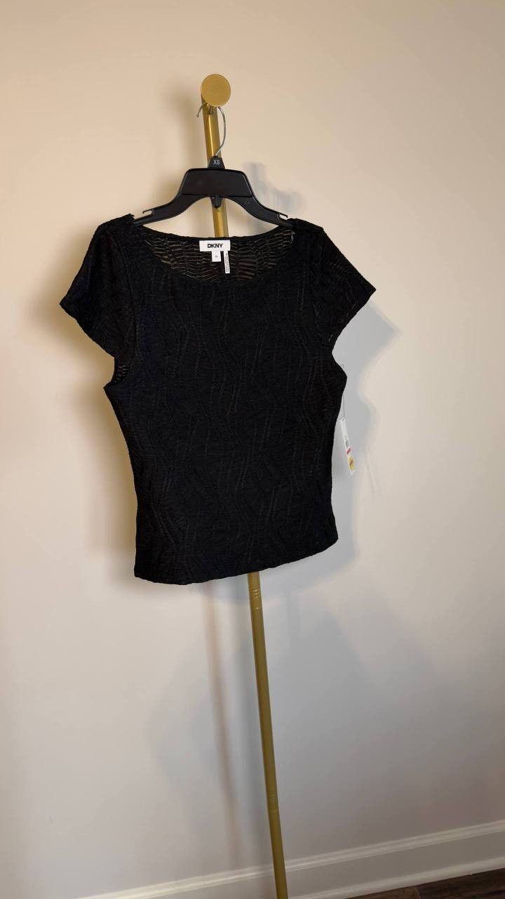 DKNY Textured Boat‑Neck Short‑Sleeve Top Black XS NWT $69