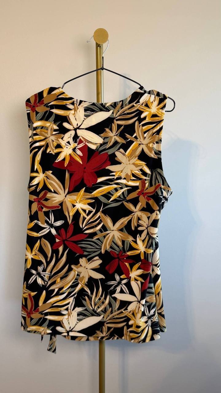 Anne Klein Printed Ruched Draped-Neck Mesh Top Black Floral XL NWT $59