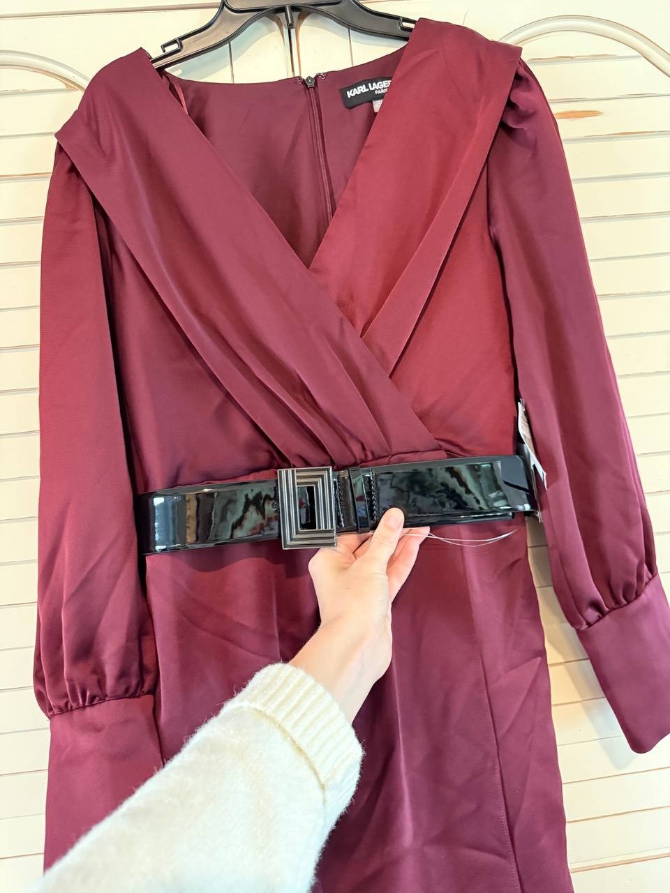 Karl Lagerfeld Paris Belted Satin Crepe Dress Burgundy Size 2 NWT $158