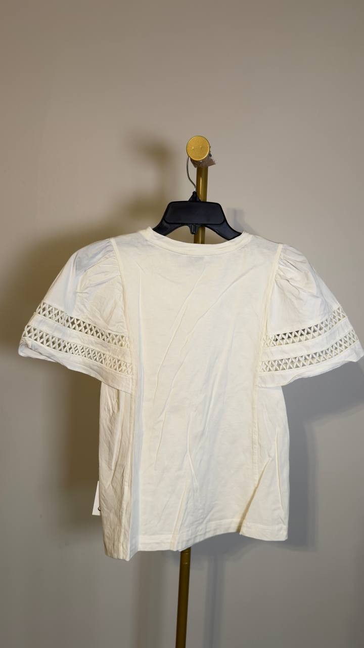 CeCe Women’s Combo Trim‑Sleeve Crew Neck Cotton Top New Ivory L NWT $59