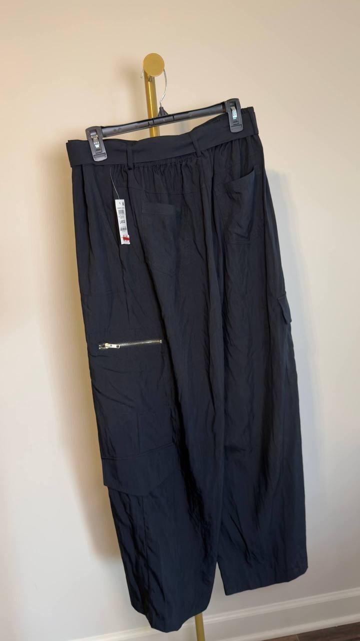 Bar III High Rise Belted Wide-Leg Cargo Pants Deep Black L NWT $59.50