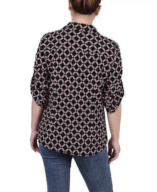 NY Collection Women’s Roll Tab Zip Front Top Black Red Chain PL $44 NWT