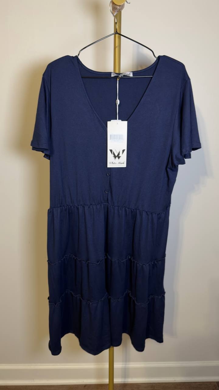 White Mark Women’s V‑Neck Short Sleeve Tiered Mini Dress Navy XL NWT $76