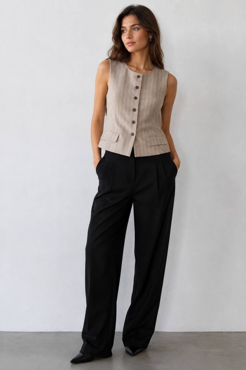DKNY Striped Crewneck Button‑Front Vest Tan 10 NWOT $129