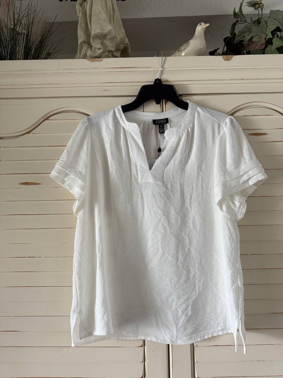 Jones New York Split Neck Puff Sleeve Blouse NYC White Petite NWT Womens