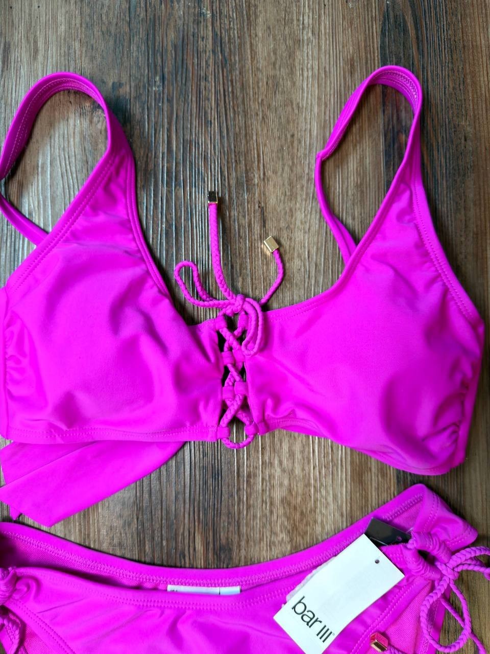 Bar III Unraveled Lace-Up Bikini Top Fuchsia S NWT $44