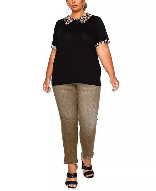Coin 1804 Women’s Leopard Trim Mesh Collar Top Black 3X $34 NWT