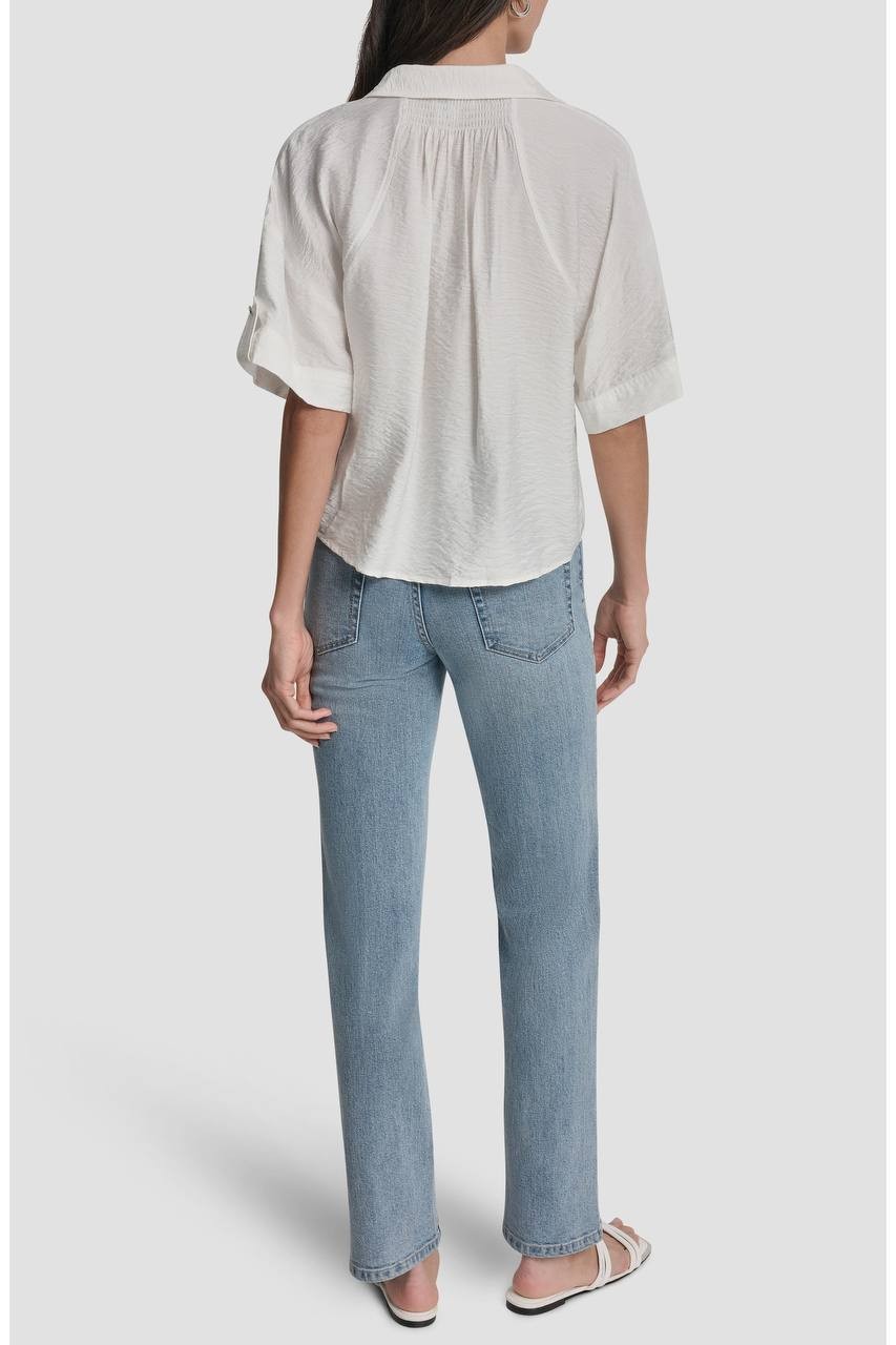 DKNY Women’s Short Sleeve Roll Tab Shirt Ivory L NWT $89