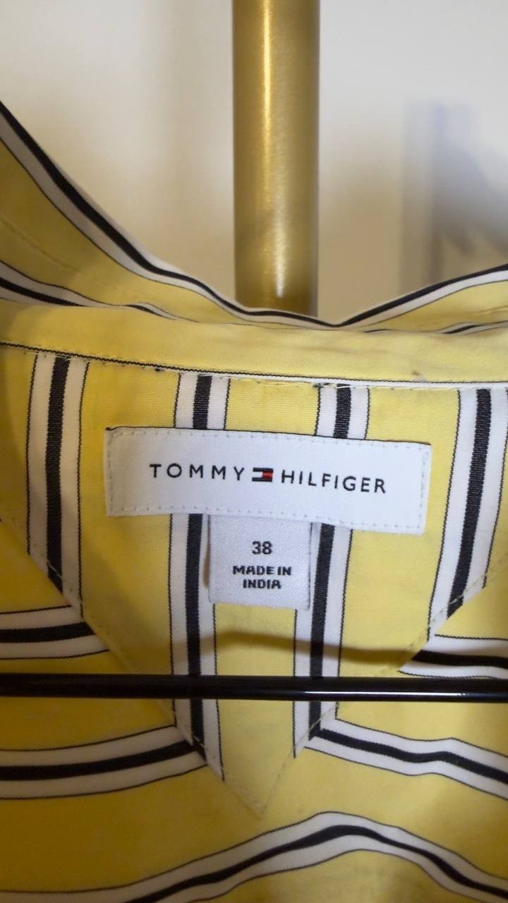 Tommy Hilfiger Boxy Cotton Shirt Licorice Stripe Citronella 38 NWOT $79.50