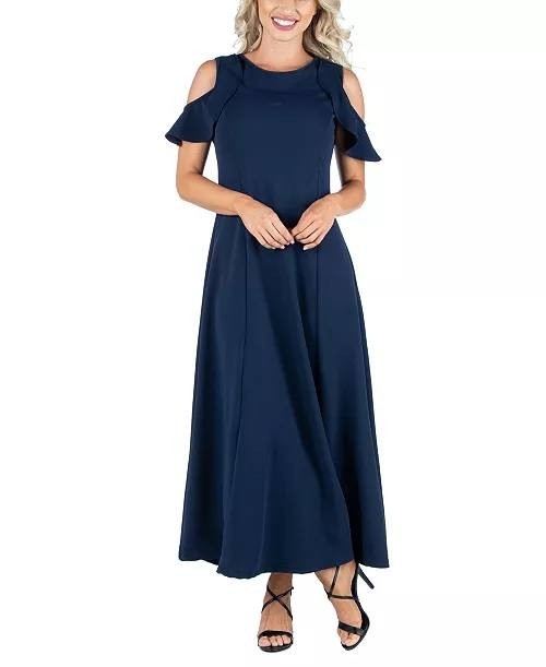 24seven Comfort Apparel Ruffle Cold Shoulder A‑Line Maxi Dress Navy M NWT $90
