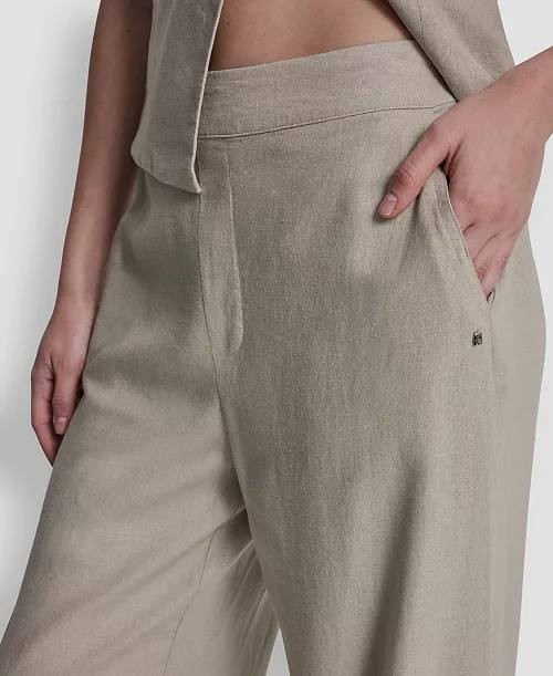 DKNY Jeans Linen‑Blend High‑Rise Pull‑On Wide‑Leg Pants Pebble PXL NWT $89