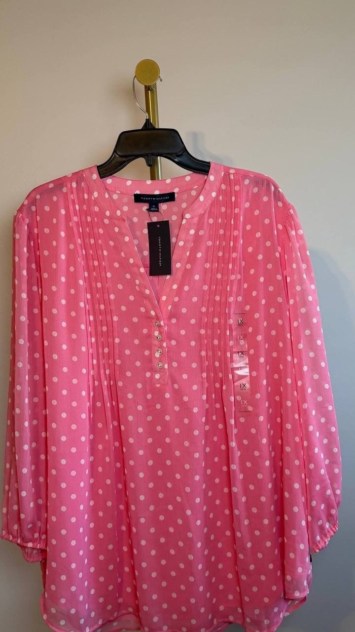 Tommy Hilfiger 3/4‑Sleeve Pintuck Split‑Neck Tunic Top Pink 1X NWT $69.50
