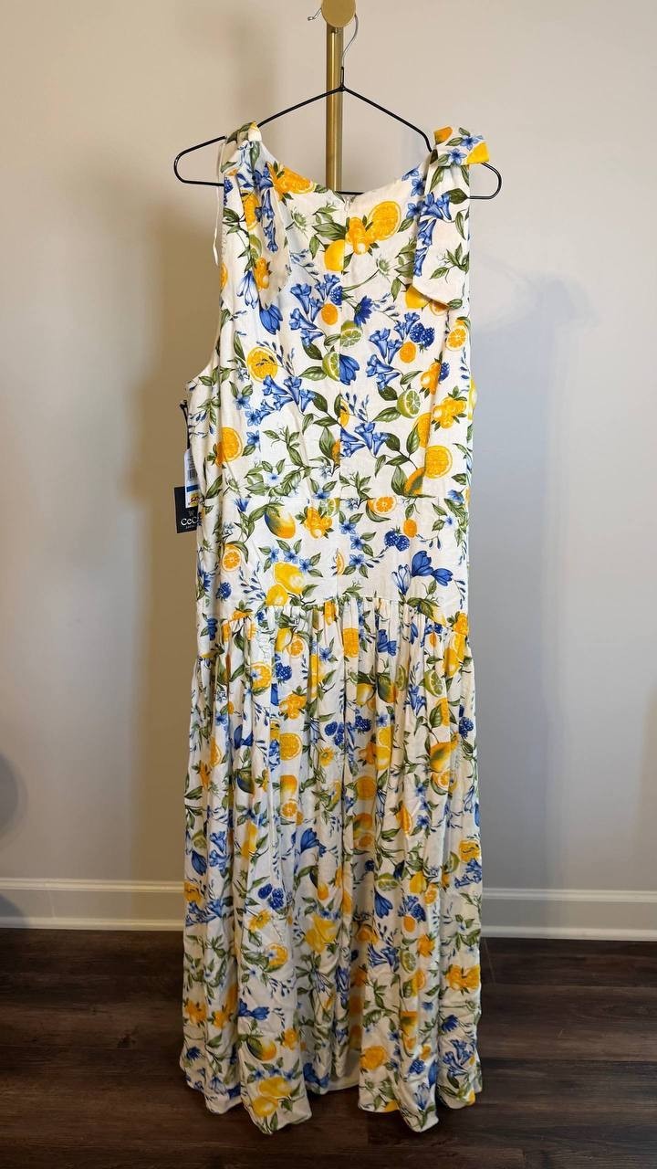 CeCe Floral Crewneck Bow-Strap High-Low Dress Lemon Print XL $129 NWT