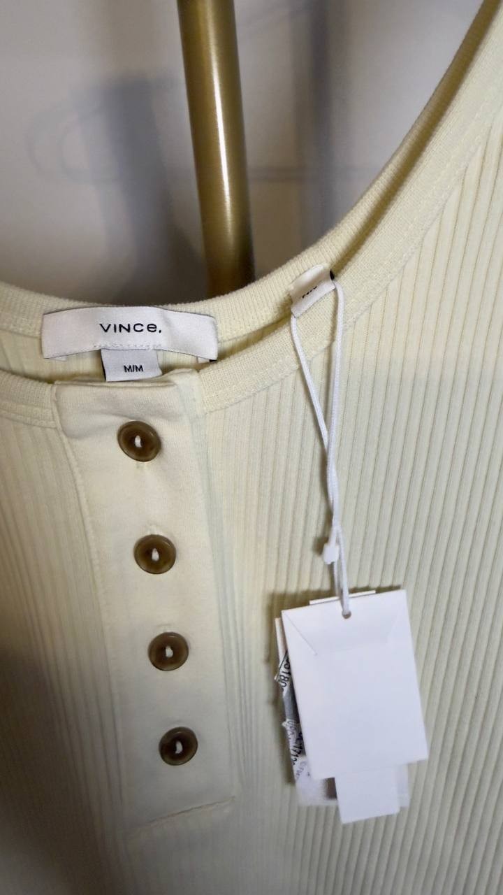 Vince  Women’s  Ribbed  Cotton‑Blend  Henley  Tank  Sun  Ivory  M  NWT  $148