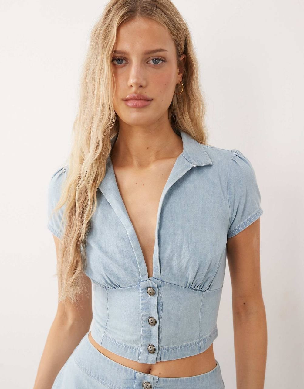 Free People Easy Does It Crop Cotton Button-Up Top Ice Crush S/P NWT $45